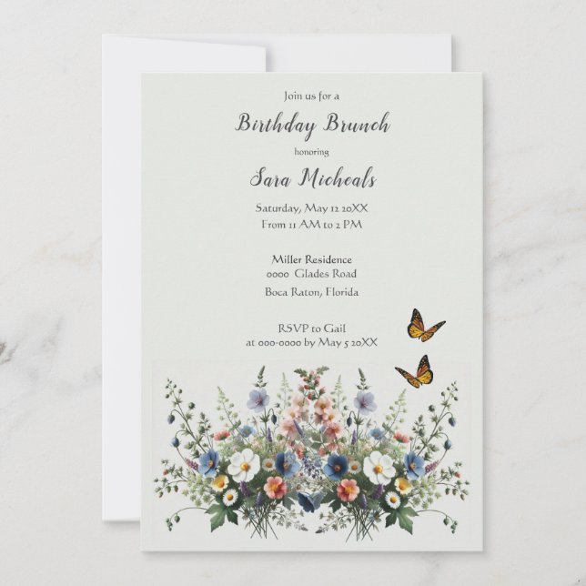 Wildflower Watercolor Birthday Brunation Convite (Frente)