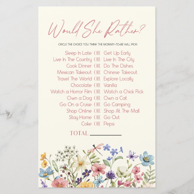 Wildflower Would She Rather Baby Shower Game (Frente)