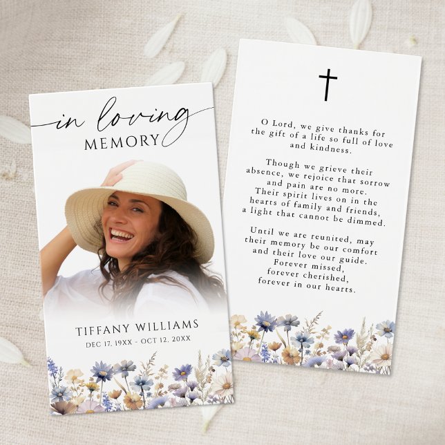 Wildflowers Loving Memory Cross Photo Prayer Card (Criador carregado)