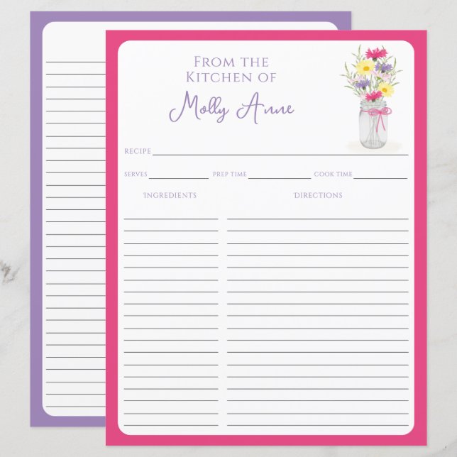 Wildflowers Mason Jar Pink & Purple Recipe Sheets (Frente/Verso)