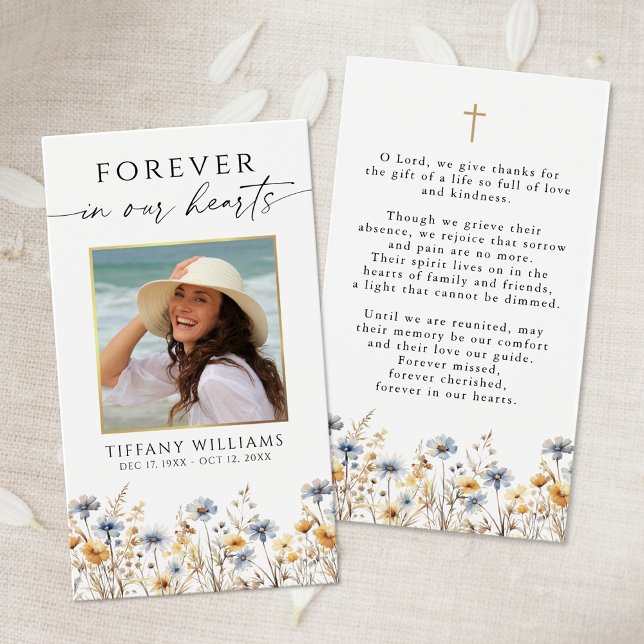 Wildflowers Photo Forever Hearts Cross Prayer Card (Criador carregado)