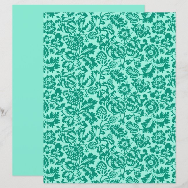 William Morris Floral Damask, Turquoise e Aqua (Frente/Verso)
