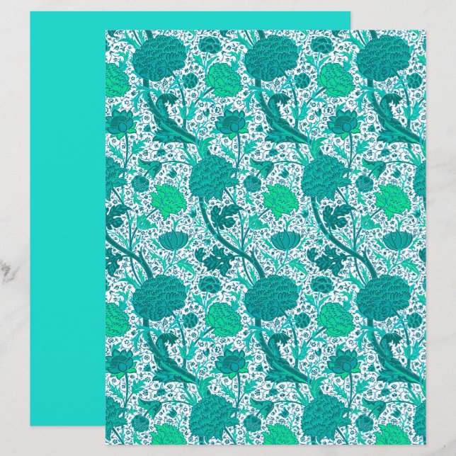 William Morris Jacobean Floral, Turquesa (Frente/Verso)