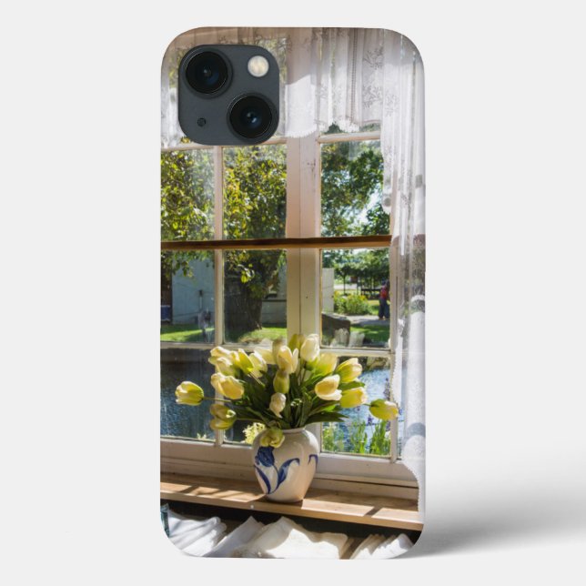 Window with lace curtain and tulips (Verso)