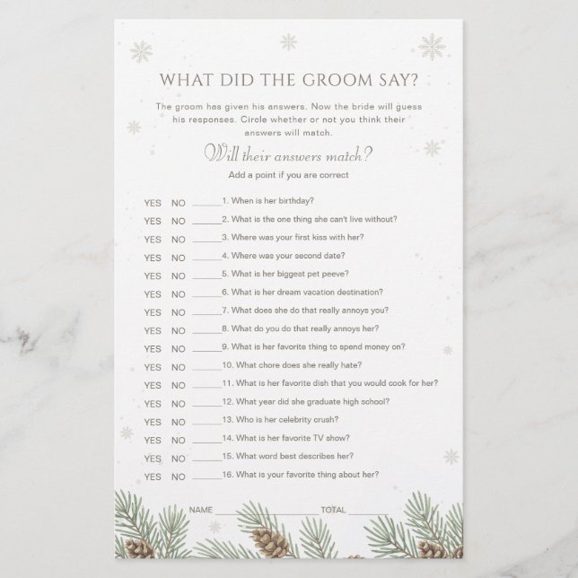 Winter Baby Shower What Did the Groom Say Game (Frente)