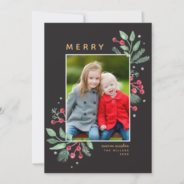 Winter Berries Greenery Feliz Foto de Natal (Frente)