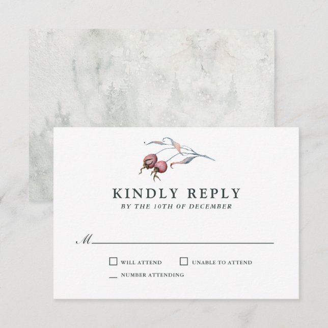 Winter Berries Watercolor Botanical Wedding RSVP (Frente/Verso)