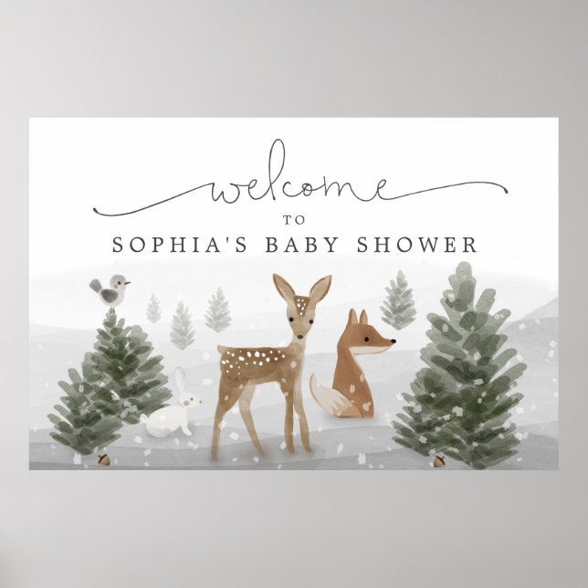 Winter Boho Woodland Baby Shower Poster Sign (Frente)