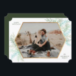 Winter Branches Modern Holiday Cartão com fotos<br><div class="desc">Este cartão com fotos de Natal é moderno e tende a colocar sua fotografia favorita de paisagem em um falso quadro de hexágono de ouro acentuado com galhos pintados com aquarelas em blues de inverno e verdes legal.</div>