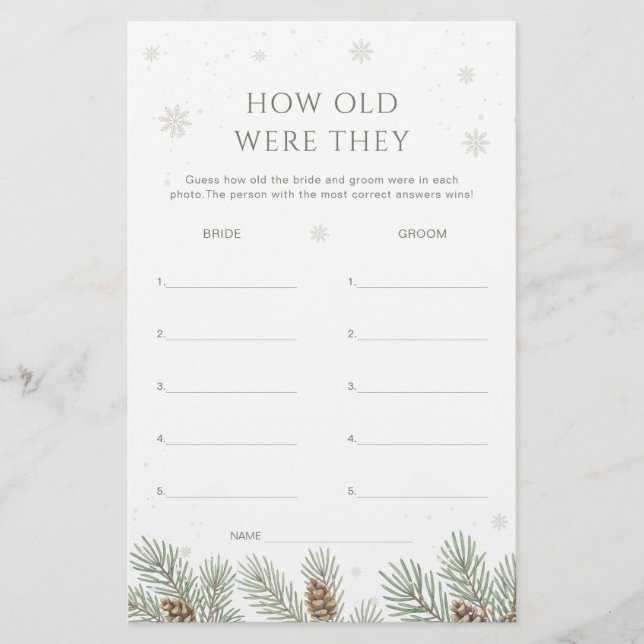 Winter Bridal Shower Guess the Age Game (Frente)