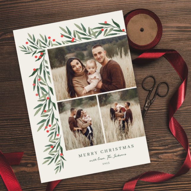 Winter Greenery Ivory 3 Foto Natal (Elegant greenery leaves 3 photo collage christmas holiday magnetic card.)