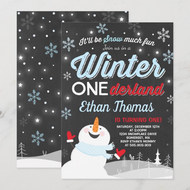 Winter ONE Derland Birthday Convite para Snowman A (Frente/Verso)
