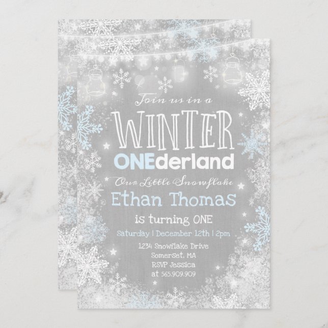 Winter ONEderland Birthday Convite Azul (Frente/Verso)