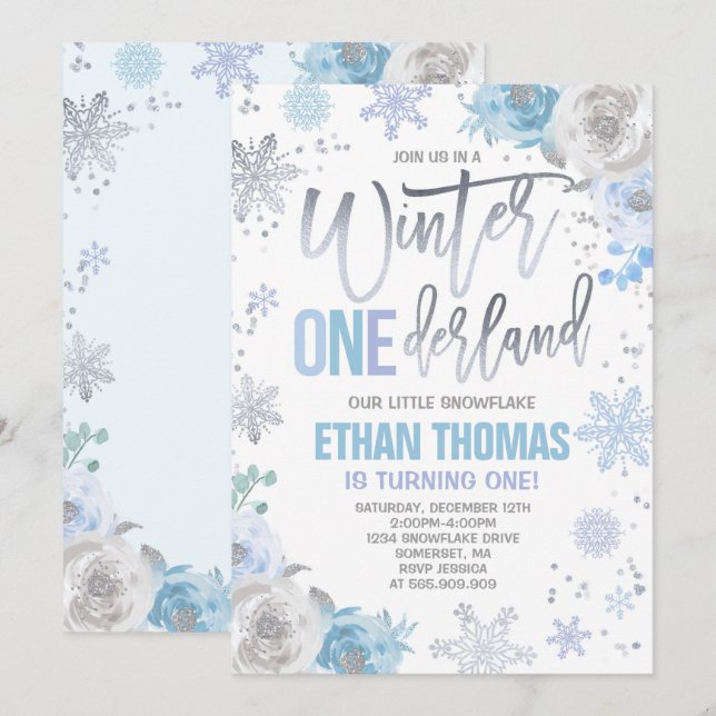 Winter ONEderland Birthday - Convite Azul Prata (Frente/Verso)