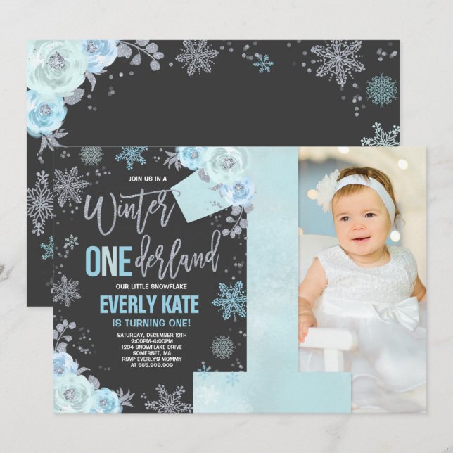 Winter ONEderland Birthday - Convite Azul Prata (Frente/Verso)