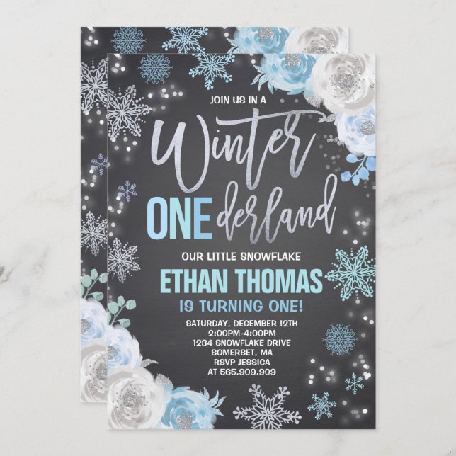 Winter ONEderland Birthday Convite Blue Silver (Frente/Verso)