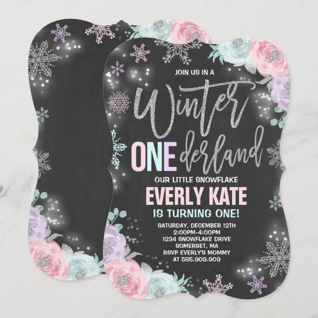Winter ONEderland Birthday - Convite para Prata Ro (Frente/Verso)