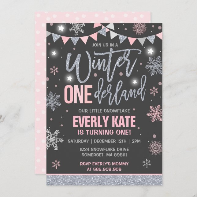 Winter ONEderland Birthday - Convite para Prata Ro (Frente/Verso)