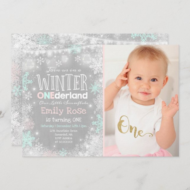 Winter ONEderland Birthday Convite Pink Mint (Frente/Verso)