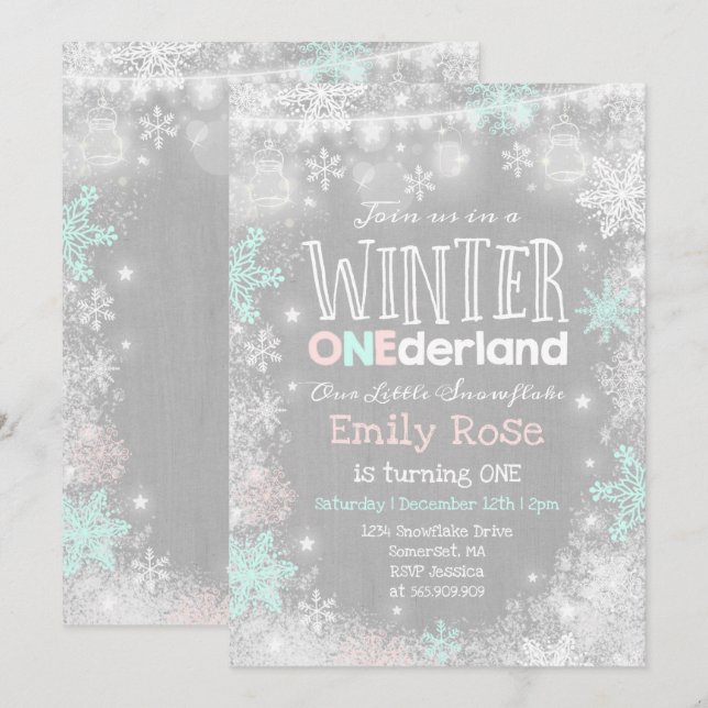 Winter ONEderland Birthday Convite Pink Mint (Frente/Verso)