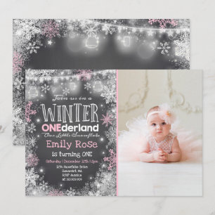 Winter ONEderland Birthday Convite Pink White