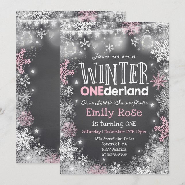 Winter ONEderland Birthday Convite Pink White (Frente/Verso)