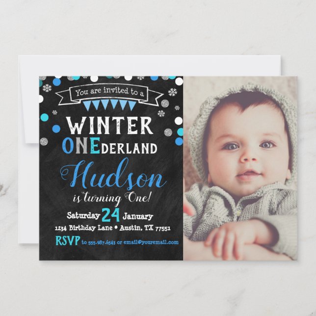 Winter Onederland Boy First Birthday Convite (Frente)