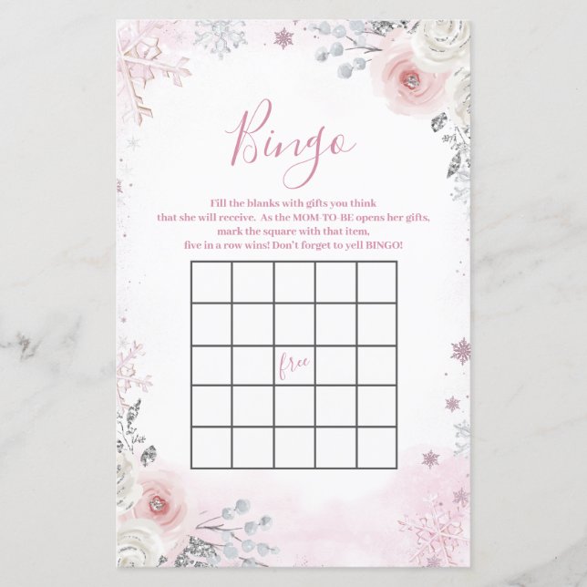 Winter Pastel Pink Snowflake Sleigh Bingo Game (Frente)