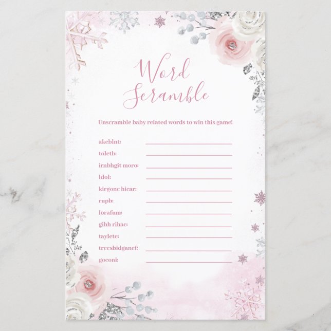 Winter Pastel Pink Snowflake Word Scramble Game (Frente)