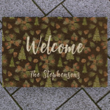 Winter Pine Trees Custom Name Welcome Mat