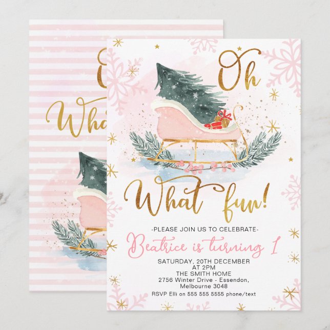 Winter Sleigh Oh Que Divertido Primeiro Convite De (Frente/Verso)