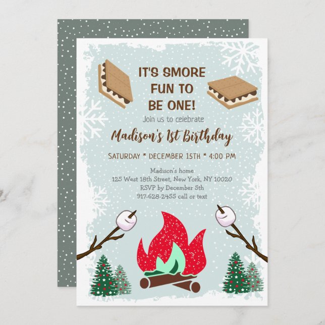 Winter S'mores Campfire First Birthday Convite (Frente/Verso)