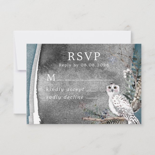 Winter Snow Owl Moon Branch Paint Weding RSVP (Frente)