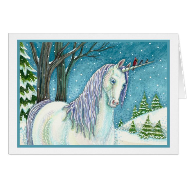 WINTER UNICORN AND BIRDS, PEACEFUL SNOTE CARTÃO (Frente horizontal)