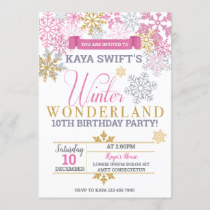 Winter Wonderland Birthday - Convite Pink & Dourad