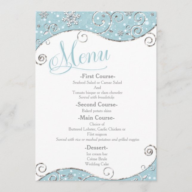Winter Wonderland Snowflakes Swirl Wedch Menu (Frente)