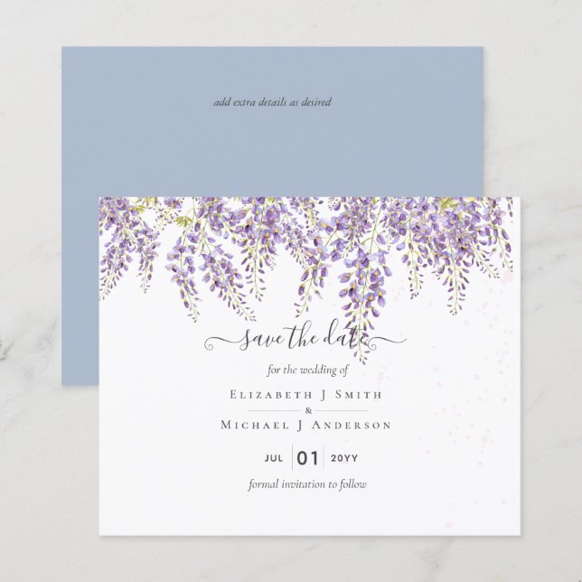 Wisteria Salve Datas Dusty Blue Casamento Orçament (Frente/Verso)