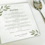 Wistful Sage Green deixa o menu de casamento do or<br><div class="desc">Esses menus de casamento rústicos são simples, elegantes e na moda, enquanto ainda são amigáveis e baratos. Eles apresentam um belo design, com folhas de cor-de-água verde, pintadas à mão e astutas, e a caligrafia de script em um fundo branco marmoreado. Perfeito para uma recepção rústica ou ao ar livre....</div>