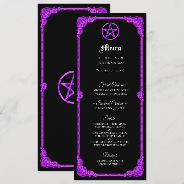 Witchy purple Glow Gothic Wedding Menu (Frente/Verso)