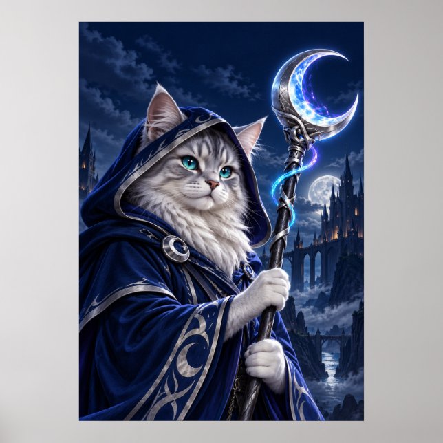 Wizard Cat Moon Magic Fantasy Art Poster (Frente)