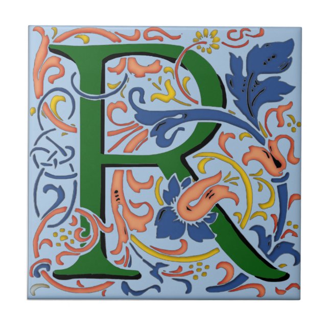 Wm Morris Ornamentado - Letra "R", Azulejo inicial (Frente)