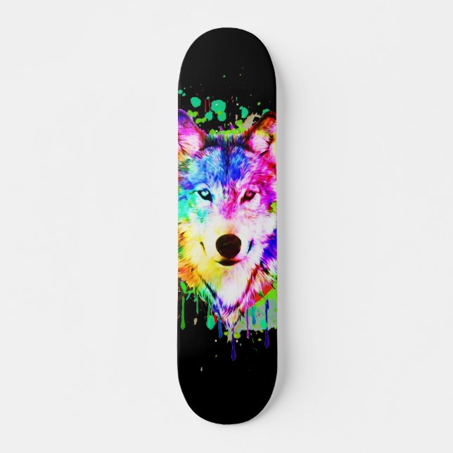 Wolf Art Watercolor Splash Skateboard (Frente)