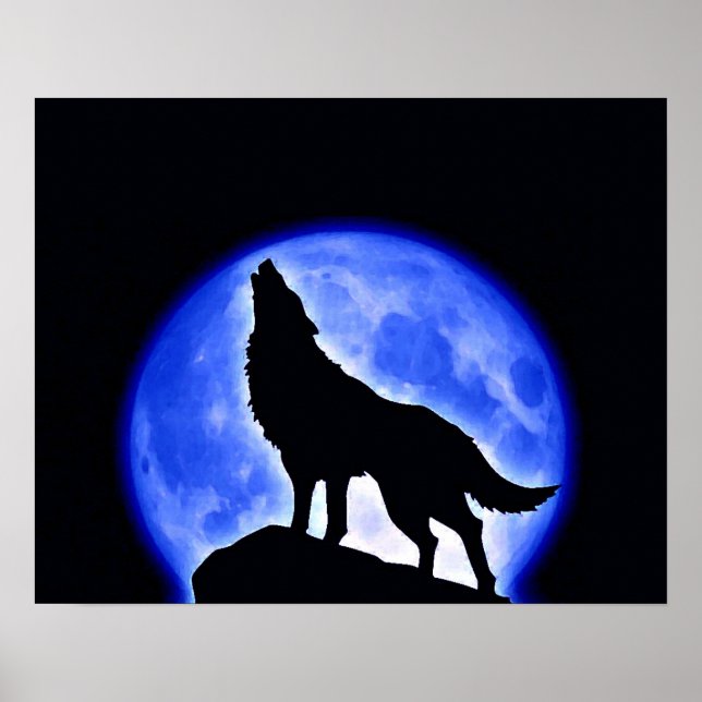 Wolf Howling Blue Full Moon Night Poster (Frente)