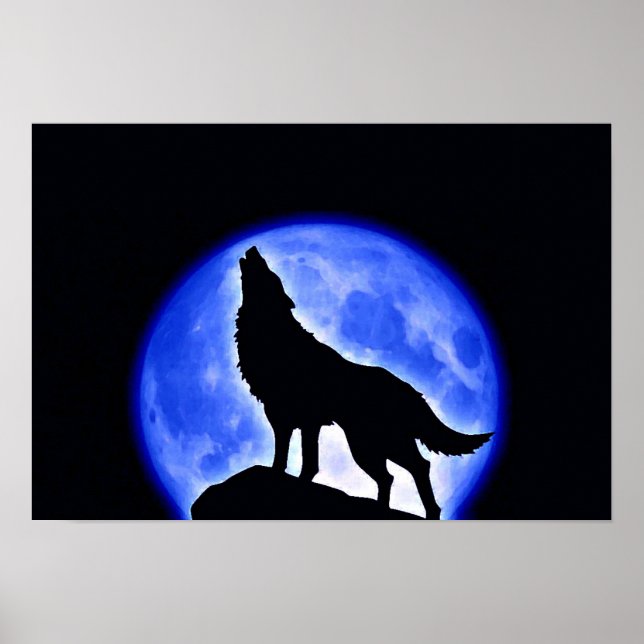Wolf Howling Blue Full Moon Night Poster (Frente)