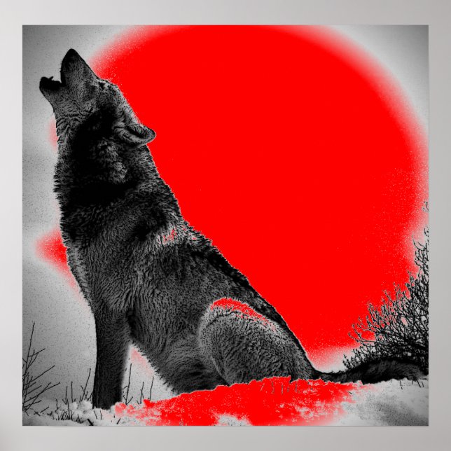 Wolf Howling em Moon Red Pop Art Poster (Frente)
