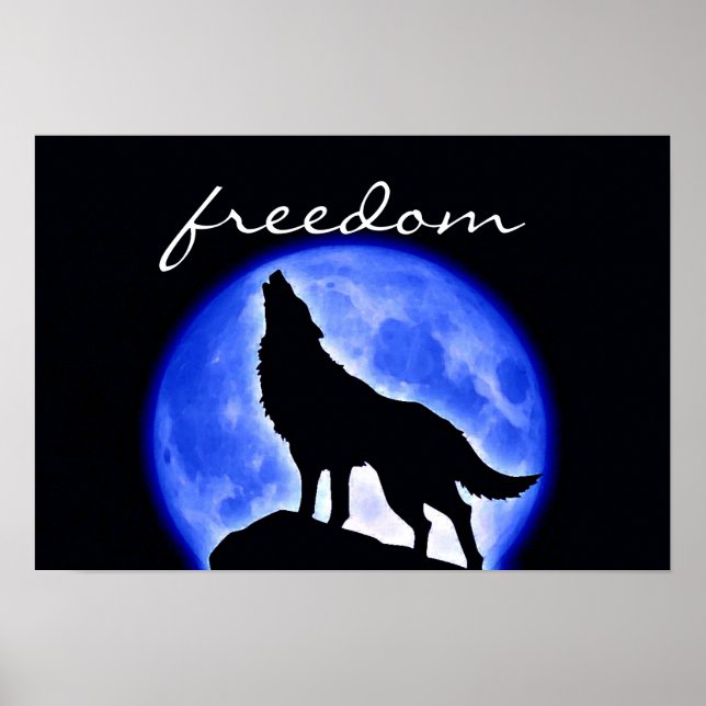 Wolf Howling Freedom Blue Moon Night Poster (Frente)