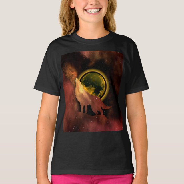 WOLF HOWLING NA GALÁXIA DA LUA ESPACIAL T-Shirt (Frente)