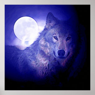 Wolf & Moon Square Poster Impressão Blue Night Wol