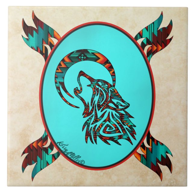 Wolf Tribal Howling No Azulejo Cerâmico Da Lua (Frente)