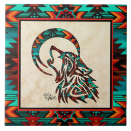 Wolf Tribal Howling No Azulejo Cerâmico Da Lua